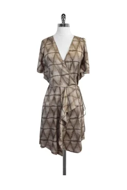 BCBG - Taupe Print Short Sleeve Wrap Dress Sz XS