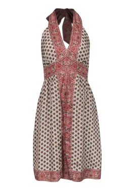 BCBG Max Azria - Beige & Brown Polka Dot Print Halter Dress Sz 12