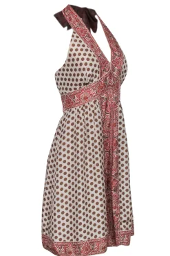 BCBG Max Azria - Beige & Brown Polka Dot Print Halter Dress Sz 12