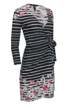 BCBG Max Azria - Black & Cream Stripe Dress w/ Floral Print Sz XXS