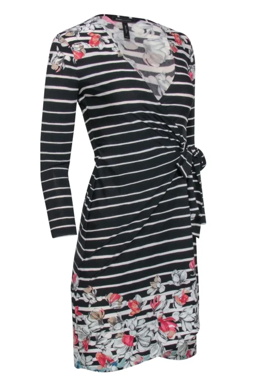 BCBG Max Azria - Black & Cream Stripe Dress w/ Floral Print Sz XXS