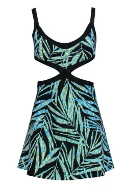 BCBG Max Azria - Black & Green Leaf Print Knit Mini Dress w/ Cutouts Sz XXS