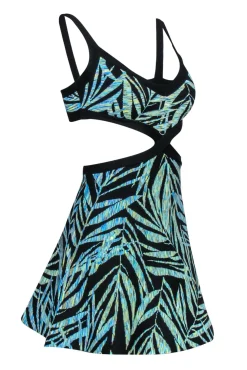 BCBG Max Azria - Black & Green Leaf Print Knit Mini Dress w/ Cutouts Sz XXS