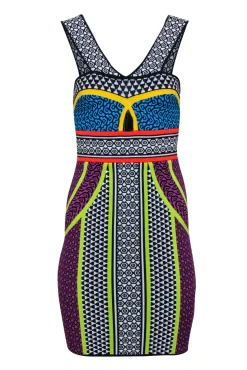 BCBG Max Azria - Black & Multi Color Print Bodycon Dress Sz S