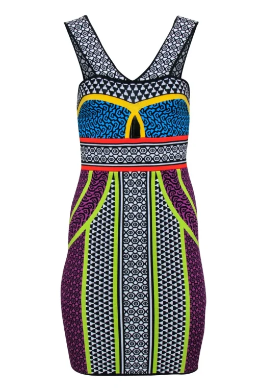 BCBG Max Azria - Black & Multi Color Print Bodycon Dress Sz S