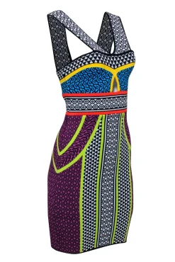 BCBG Max Azria - Black & Multi Color Print Bodycon Dress Sz S