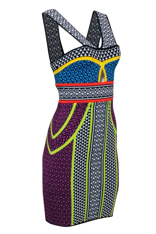 BCBG Max Azria - Black & Multi Color Print Bodycon Dress Sz S