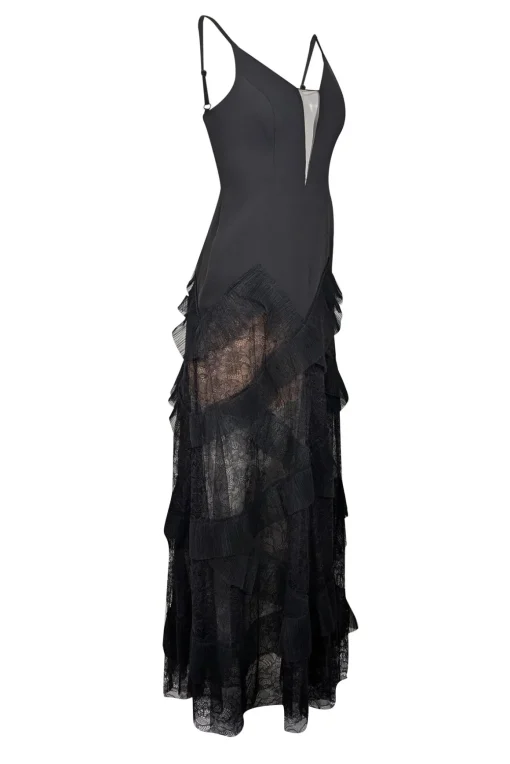 BCBG Max Azria - Black Ruffled Lace Sleeveless Formal Dress Sz 2