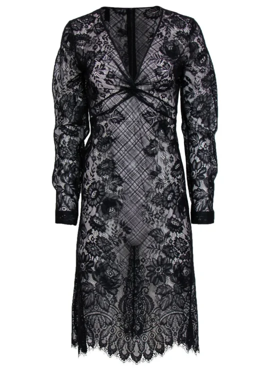 BCBG Max Azria - Black Sheer Lace Midi Dress w/ Knotted Waist Sz 2