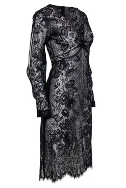 BCBG Max Azria - Black Sheer Lace Midi Dress w/ Knotted Waist Sz 2