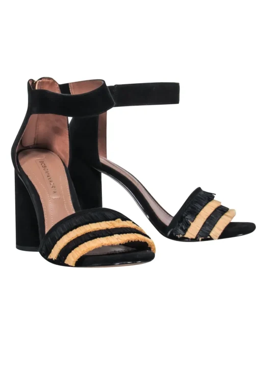 BCBG Max Azria - Black Suede Open Toe Heels w/ Wicker Fringe Sz 7.5