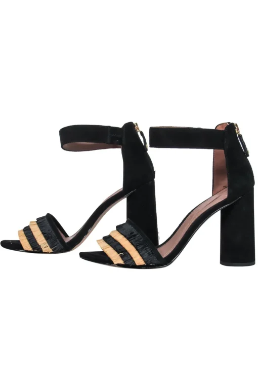 BCBG Max Azria - Black Suede Open Toe Heels w/ Wicker Fringe Sz 7.5