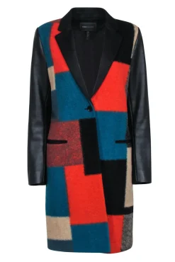 BCBG Max Azria - Black, Teal, & Orange Color Block Print Coat Sz S