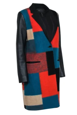 BCBG Max Azria - Black, Teal, & Orange Color Block Print Coat Sz S