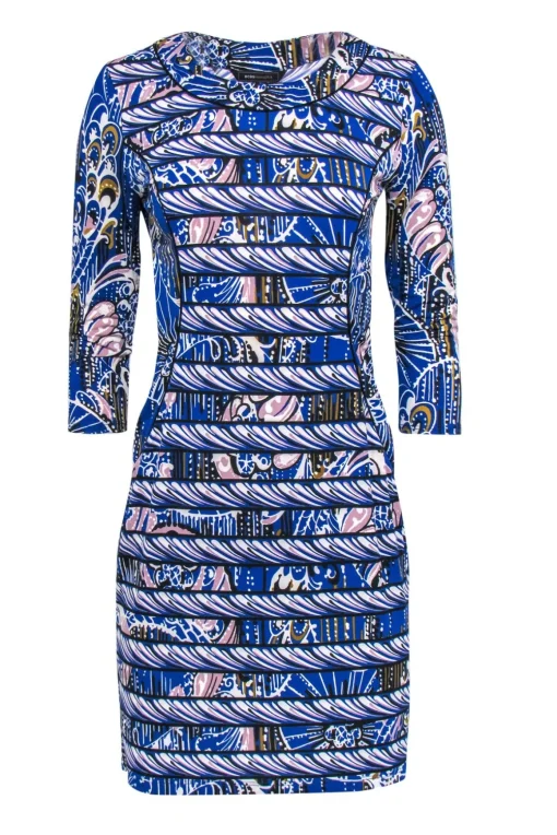 BCBG Max Azria - Blue Printed Paneled Sheath Dress w/ Cropped Sleeves Sz S