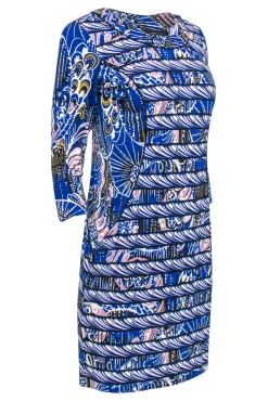 BCBG Max Azria - Blue Printed Paneled Sheath Dress w/ Cropped Sleeves Sz S