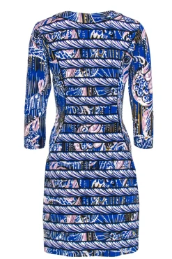 BCBG Max Azria - Blue Printed Paneled Sheath Dress w/ Cropped Sleeves Sz S
