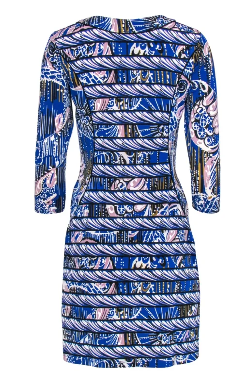 BCBG Max Azria - Blue Printed Paneled Sheath Dress w/ Cropped Sleeves Sz S