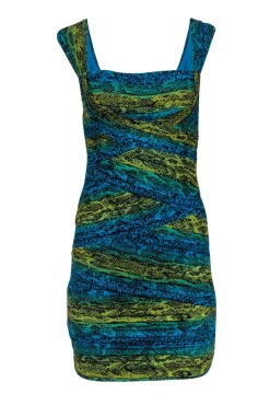 BCBG Max Azria - Blue, Turqouise, & Yellow Snakeskin Print Ruched Mesh Dress Sz S
