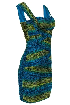 BCBG Max Azria - Blue, Turqouise, & Yellow Snakeskin Print Ruched Mesh Dress Sz S