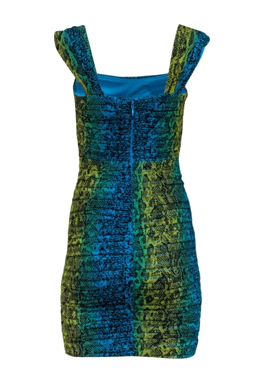 BCBG Max Azria - Blue, Turqouise, & Yellow Snakeskin Print Ruched Mesh Dress Sz S
