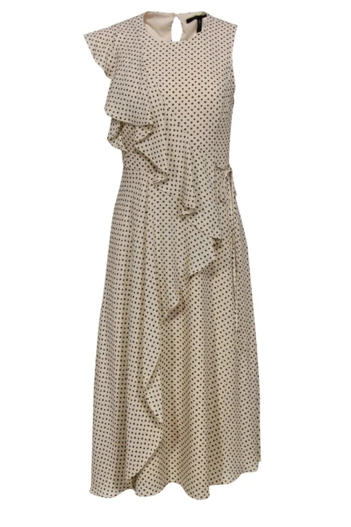 BCBG Max Azria - Cream & Navy Floral Polka Dot Ruffle Faux Wrap Dress Sz XXS