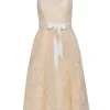 BCBG Max Azria - Cream Midi Dress w/ Metallic Floral Embroidered Tulle Overlay Sz 2
