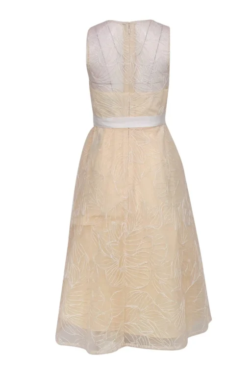 BCBG Max Azria - Cream Midi Dress w/ Metallic Floral Embroidered Tulle Overlay Sz 2