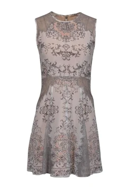 BCBG Max Azria - Cream w/ Pink & Grey Paisley Print Lace Trimmed Dress Sz 0