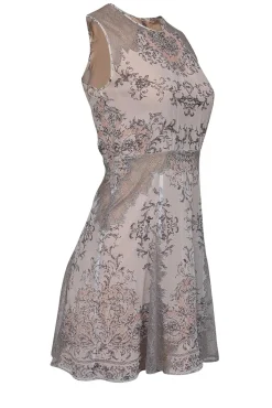 BCBG Max Azria - Cream w/ Pink & Grey Paisley Print Lace Trimmed Dress Sz 0