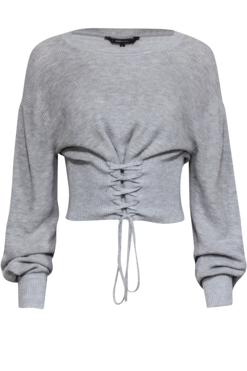 BCBG Max Azria - Light Heather Grey Lace-Up Sweater Sz S