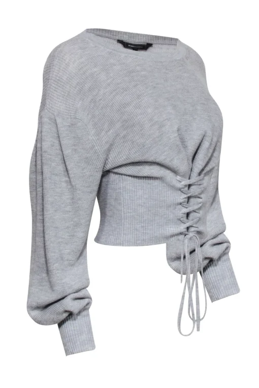 BCBG Max Azria - Light Heather Grey Lace-Up Sweater Sz S