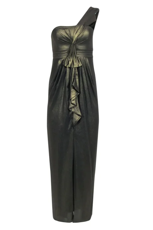 BCBG Max Azria - Metallic Gold One Shoulder Gown w/ Front Slit Sz 2