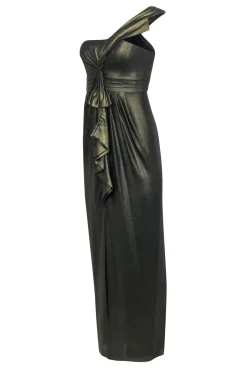 BCBG Max Azria - Metallic Gold One Shoulder Gown w/ Front Slit Sz 2