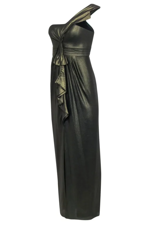 BCBG Max Azria - Metallic Gold One Shoulder Gown w/ Front Slit Sz 2