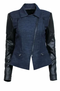 BCBG Max Azria - Navy & Black Denim Moto Jacket w/ Faux Leather Sz S