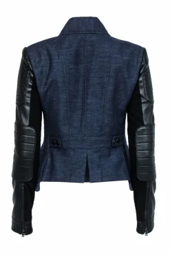 BCBG Max Azria - Navy & Black Denim Moto Jacket w/ Faux Leather Sz S