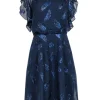 BCBG Max Azria - Navy Blue Flutter Sleeve Dress w/ Metallic Feather Print Sz 8