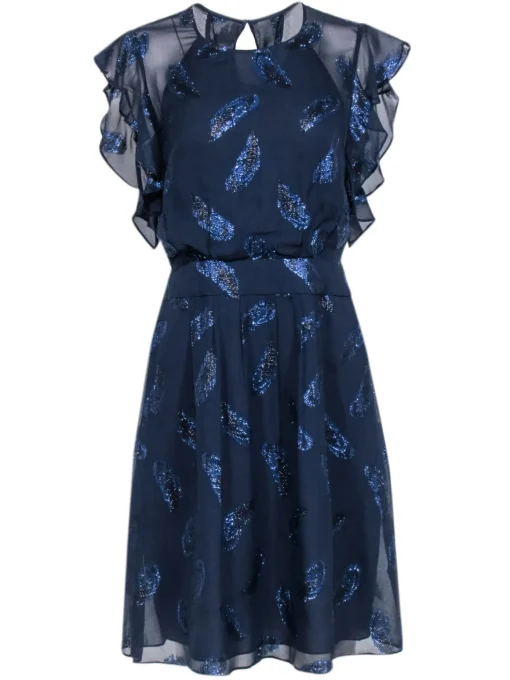 BCBG Max Azria - Navy Blue Flutter Sleeve Dress w/ Metallic Feather Print Sz 8