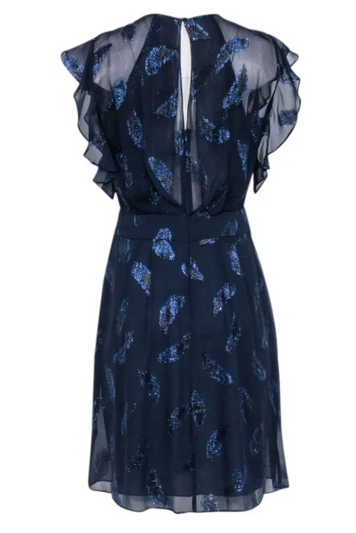 BCBG Max Azria - Navy Blue Flutter Sleeve Dress w/ Metallic Feather Print Sz 8