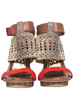BCBG Max Azria - Orange & Snake Print Open Toe Wooden Hollow Wedge Sz 8