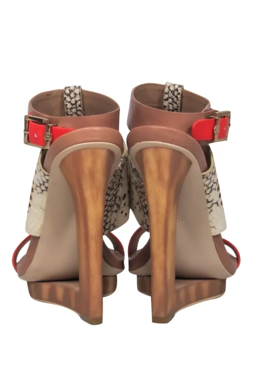 BCBG Max Azria - Orange & Snake Print Open Toe Wooden Hollow Wedge Sz 8