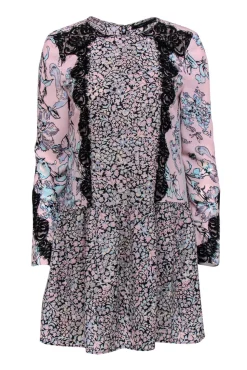 BCBG Max Azria - Pink, Blue & Black Floral Print Drop Waist "Bryanne" Dress Sz XS