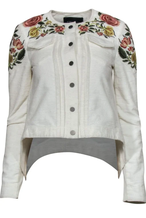 BCBG Max Azria - White Textured Floral Embroidered Button-Up Cropped Jacket Sz XXS