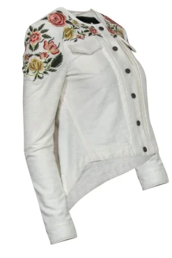 BCBG Max Azria - White Textured Floral Embroidered Button-Up Cropped Jacket Sz XXS