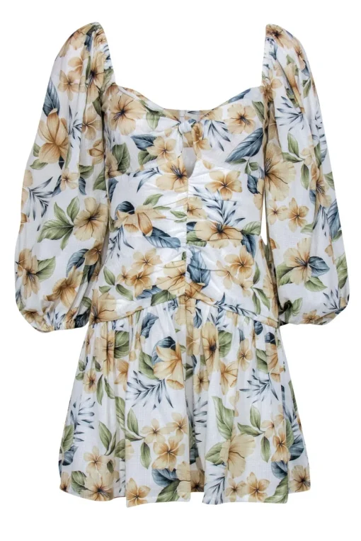 Bec & Bridge - White Floral Print Puff Sleeve “Fleurette” Drop Waist Dress Sz 4