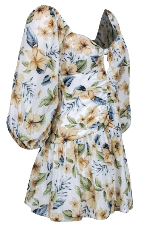 Bec & Bridge - White Floral Print Puff Sleeve “Fleurette” Drop Waist Dress Sz 4