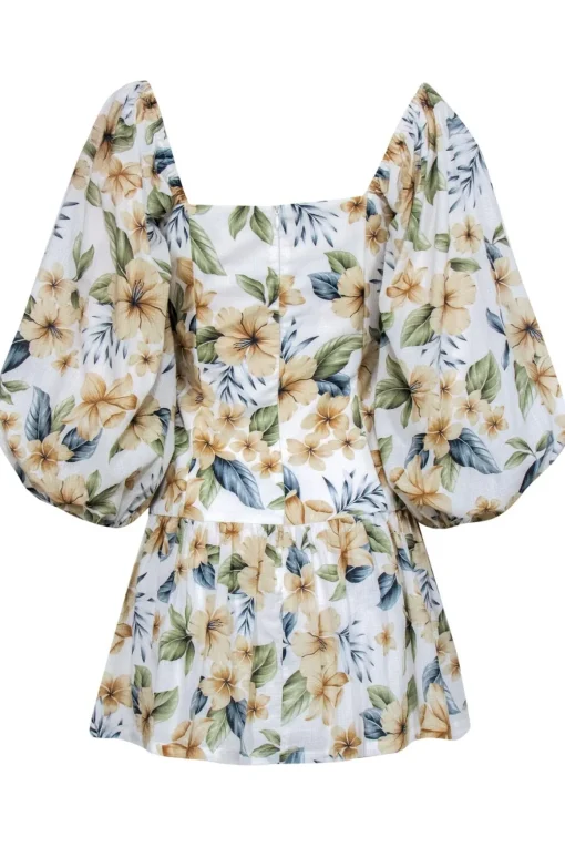 Bec & Bridge - White Floral Print Puff Sleeve “Fleurette” Drop Waist Dress Sz 4