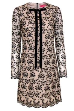 Betsey Johnson - Beige & Black Floral Embroidered Long Sleeve Shift Dress Sz 6