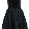 Betsey Johnson - Black Strapless Fit & Flare Dress w/ Sequin Bodice & Floral Appliques Sz 6
